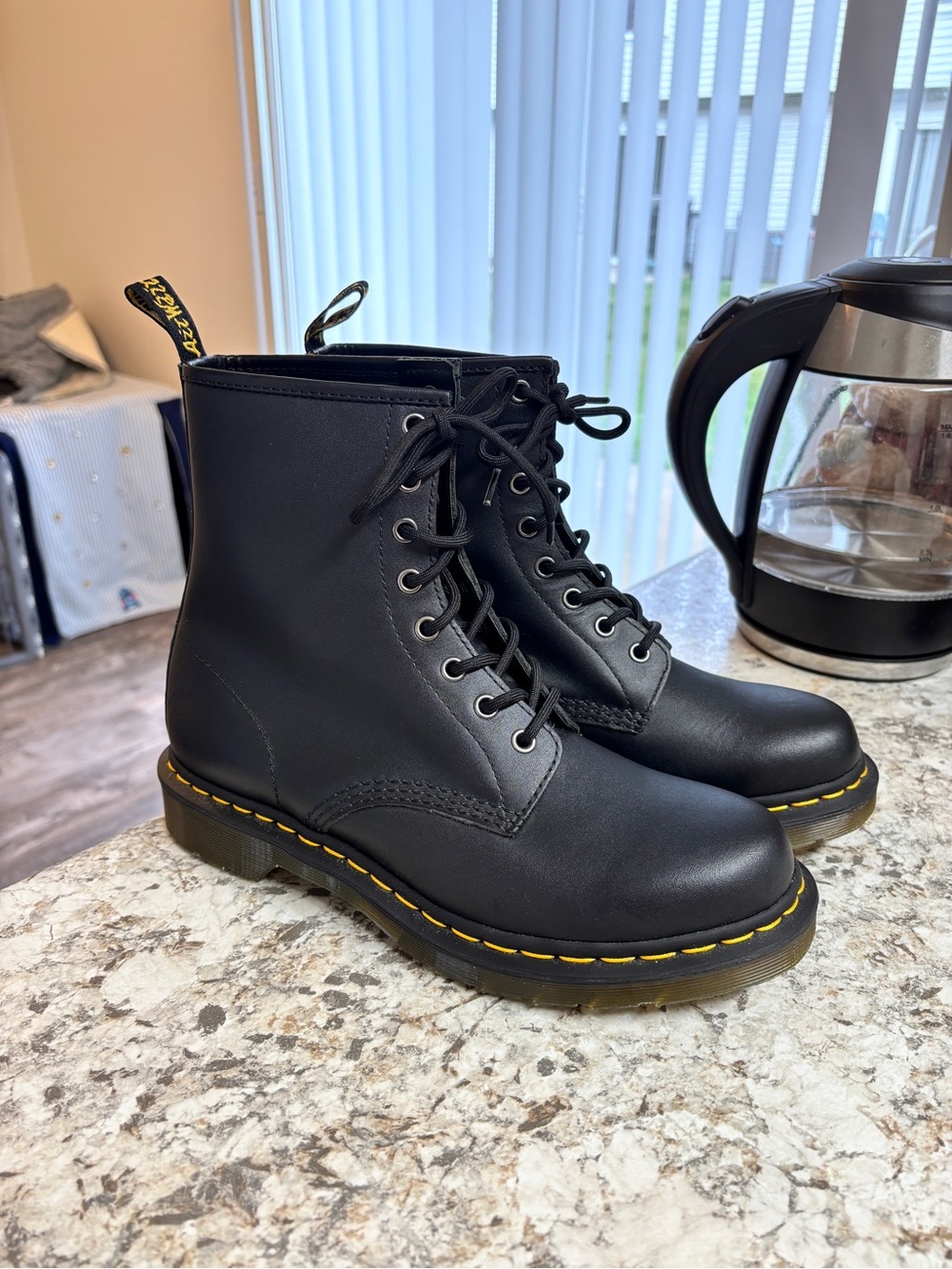 Dr. Martens Black Lace-Up Leather Boots with Yellow Stitching